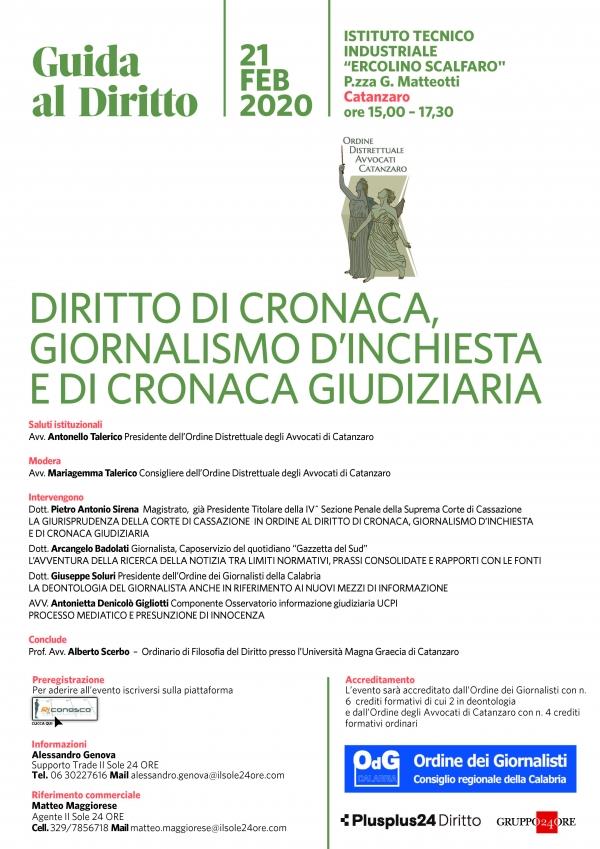 “Diritto  di cronaca, giornalismo d'inchiesta e di cronaca giudiziaria”, incontro a più voci con l'Ordine degli avvocati il  21 febbraio al'Istituto Tecnico Industriale a Catanzaro